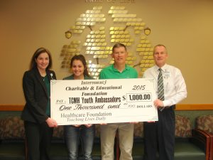 The Intercounty Charitable and Educational Foundation made a $1000 donation to the TCMH Healthcare Foundation Youth Ambassador Scholarship Fund. Shown here during the during the donation presentation are (left to right) April Steele, TCMH Youth Ambassador program coordinator; Allison Griffin, Youth Ambassador from Mountain Grove; Paul Smeltzer, chairman of the Intercounty Foundation, and Jay Gentry, Healthcare Foundation director.