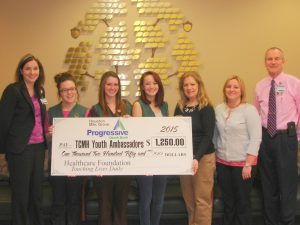 Progressive Ozark Banks in Houston and Mountain Grove partnered together to make a $1250 donation to the TCMH Healthcare Foundation Youth Ambassador Scholarship Fund. Shown here during the donation presentation are (left to right) April Steele, TCMH Youth Ambassador program coordinator; Youth Ambassadors Claireesa Ridenhour of Licking, Melody Tate of Houston, Jessica Wensel of Plato; Earleen Holder, Progressive Ozark Bank Houston market manager; Danetta Rodgers, Progressive Ozark Bank Mountain Grove lending officer, and Jay Gentry, Healthcare Foundation director.