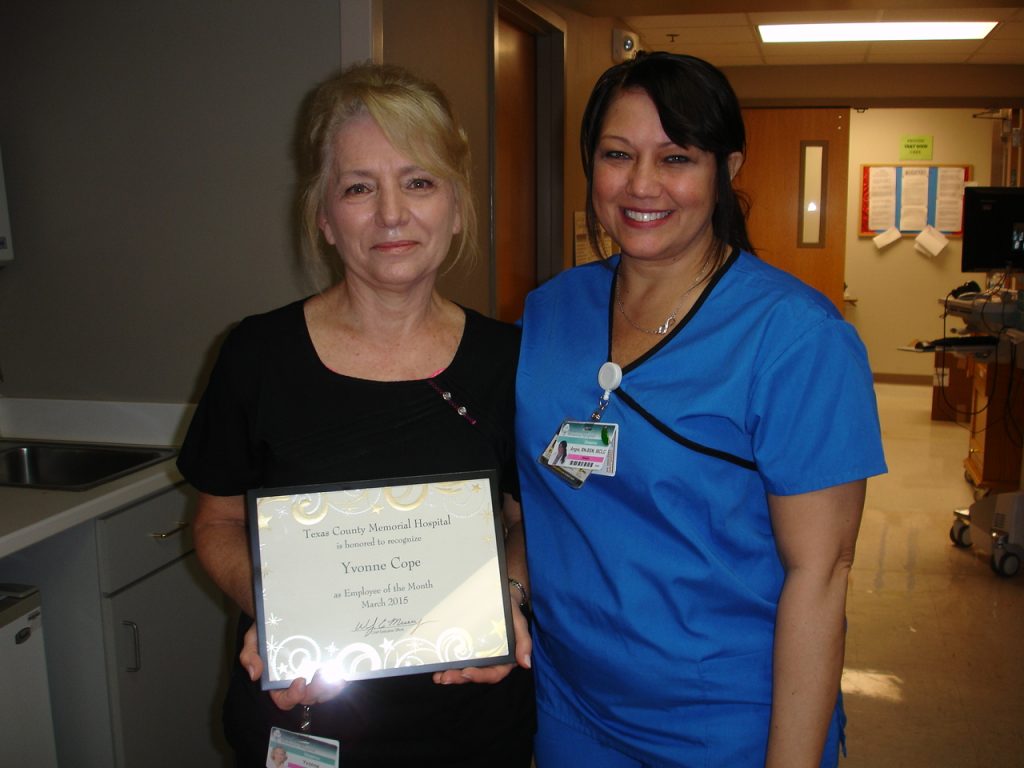 Yvonne Cope (left), Texas County Memorial Hospital March employee of the month, with Angela Watkins, obstetrics department director.