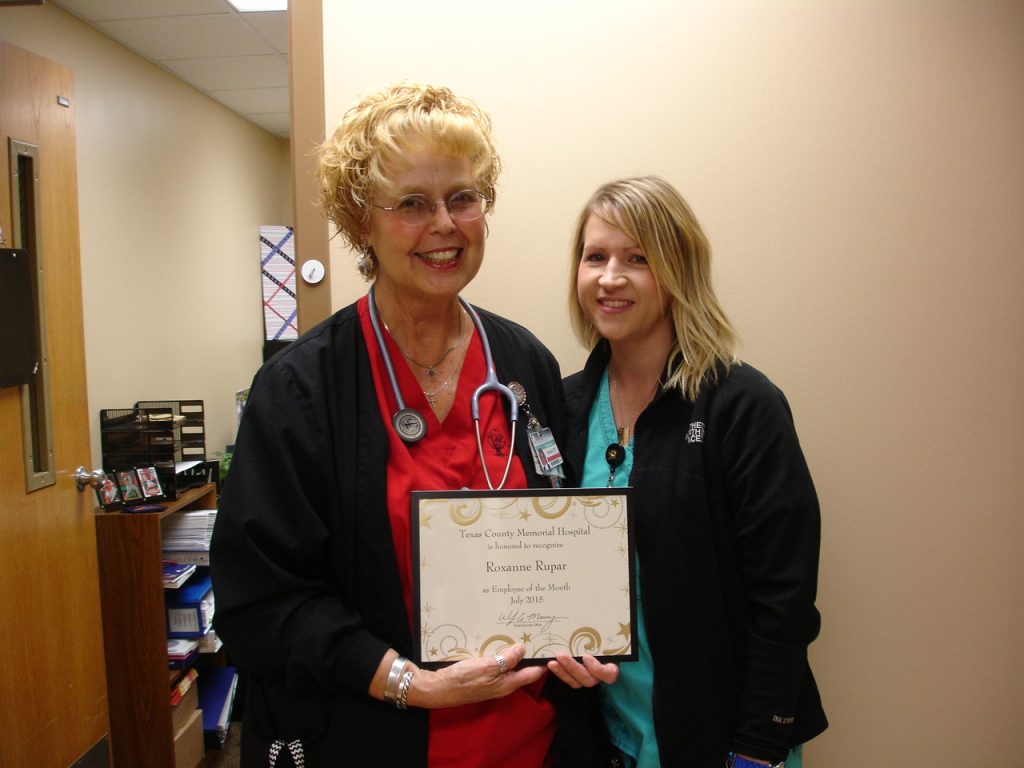 Roxanne Rupar (left), July employee of the month at Texas County Memorial Hospital, with her supervisor, Lauren Toman.