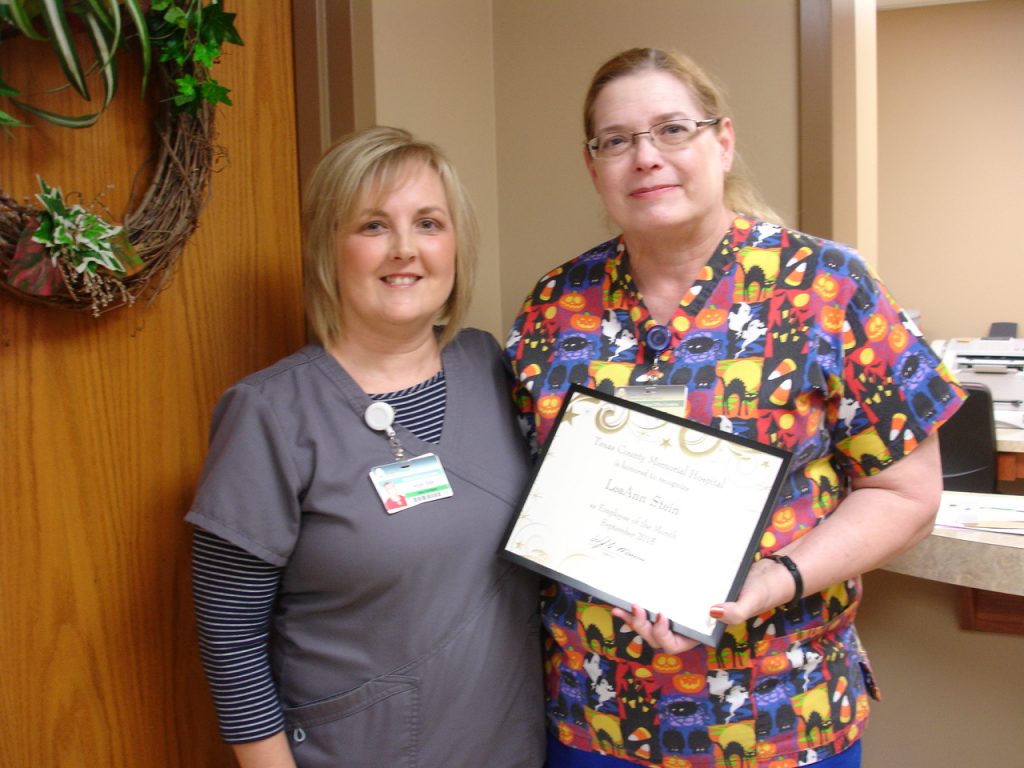 LeaAnn Stein (right), Texas County Memorial Hospital September employee of the month, with her clinic manager, Hope Best.