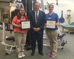 Christie Koch, left, and Ellen Willis, right, have received their LSVT BIG certification.  Cabool resident and former Texas County judge, Brad Ellsworth, has worked with the TCMH physical therapy department for Parkinson’s disease-related therapy, but he hopes to utilize the LSVT BIG therapy in the future.