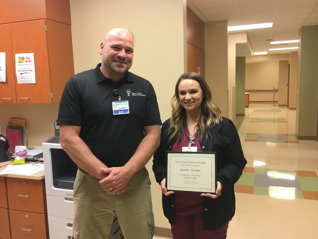 Jennifer Gunter (left), Texas County Memorial Hospital September employee of the month, with her supervisor, John Sawyer.