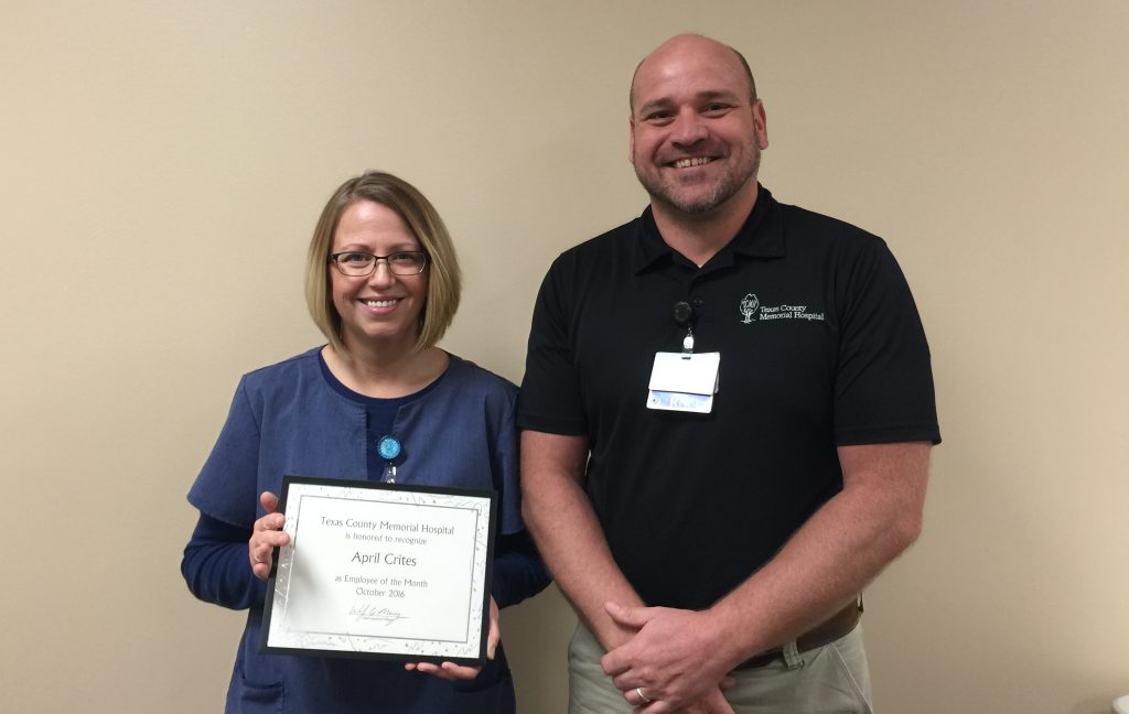 TCMH October employee of the month, April Crites (left), and her supervisor, John Sawyer.
