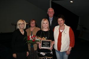 Brooke Whitaker, a registered nurse in the Texas County Memorial Hospital emergency department, received the Employee of the Year honor at TCMH for 2016. Shown here are Linda Pamperien, chief financial officer, Doretta Todd-Willis chief nursing officer, Whitaker, Wes Murray, chief executive officer, and Jerri Sue Crump, emergency department nurse manager.